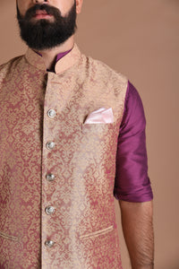 Royal Floral Pattern Banarasi Brocade Half Jodhpuri Jacket with Silk Kurta Pajma Set|Purple | Fee Personalisation | Wedding Functions