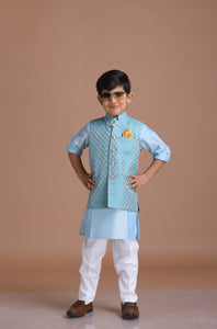 Alluring Cyan Blue Booty Pattern Half Jodhpuri Designer Jacket With Kurta Pajama Set | Wedding Functions  Diwali Eid Open Lawn Party