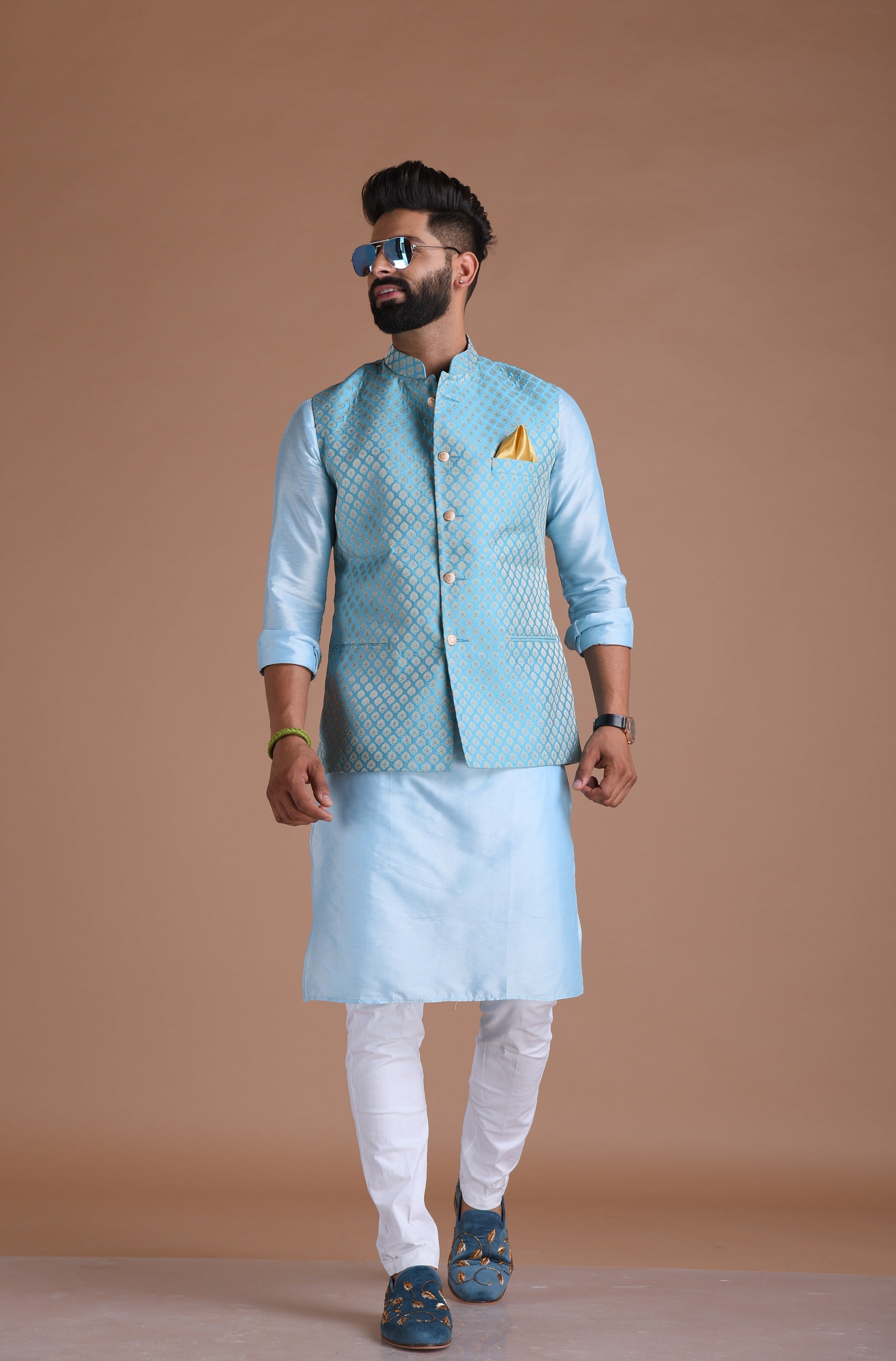 Alluring Cyan Blue Booty Pattern Half Jodhpuri Designer Jacket With Kurta Pajama Set | Wedding Functions  Diwali Eid Open Lawn Party
