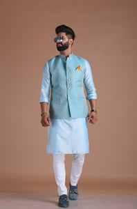 Alluring Cyan Blue Booty Pattern Half Jodhpuri Designer Jacket With Kurta Pajama Set | Wedding Functions  Diwali Eid Open Lawn Party