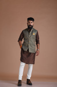 Traditional Dark Green Booti Pattern Banarasi Brocade Nehru Jacket with Silk Kurta Pajama Set | Free Personalisation Handmade | Wedding Functions