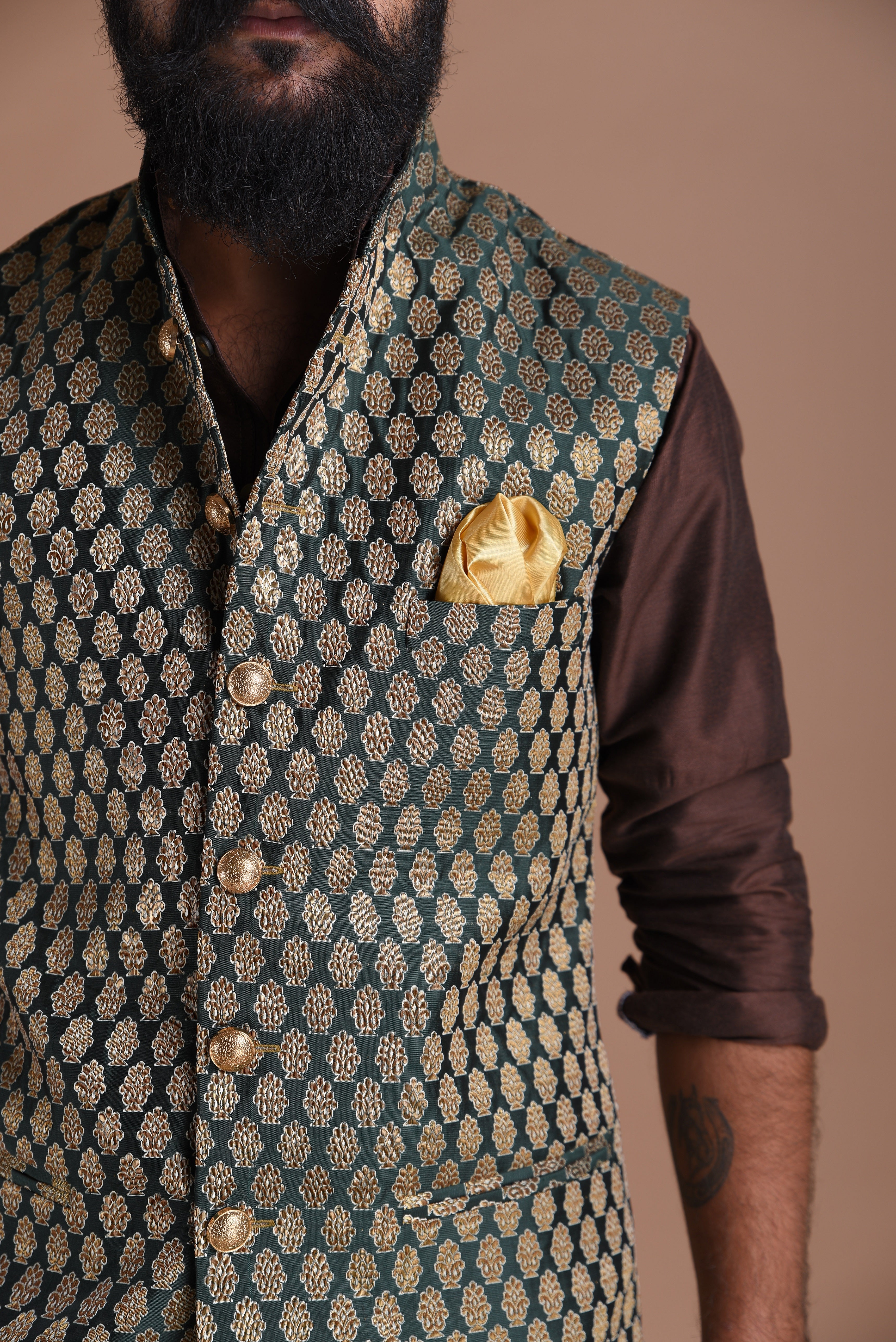 Traditional Dark Green Booti Pattern Banarasi Brocade Nehru Jacket with Silk Kurta Pajama Set | Free Personalisation Handmade | Wedding Functions