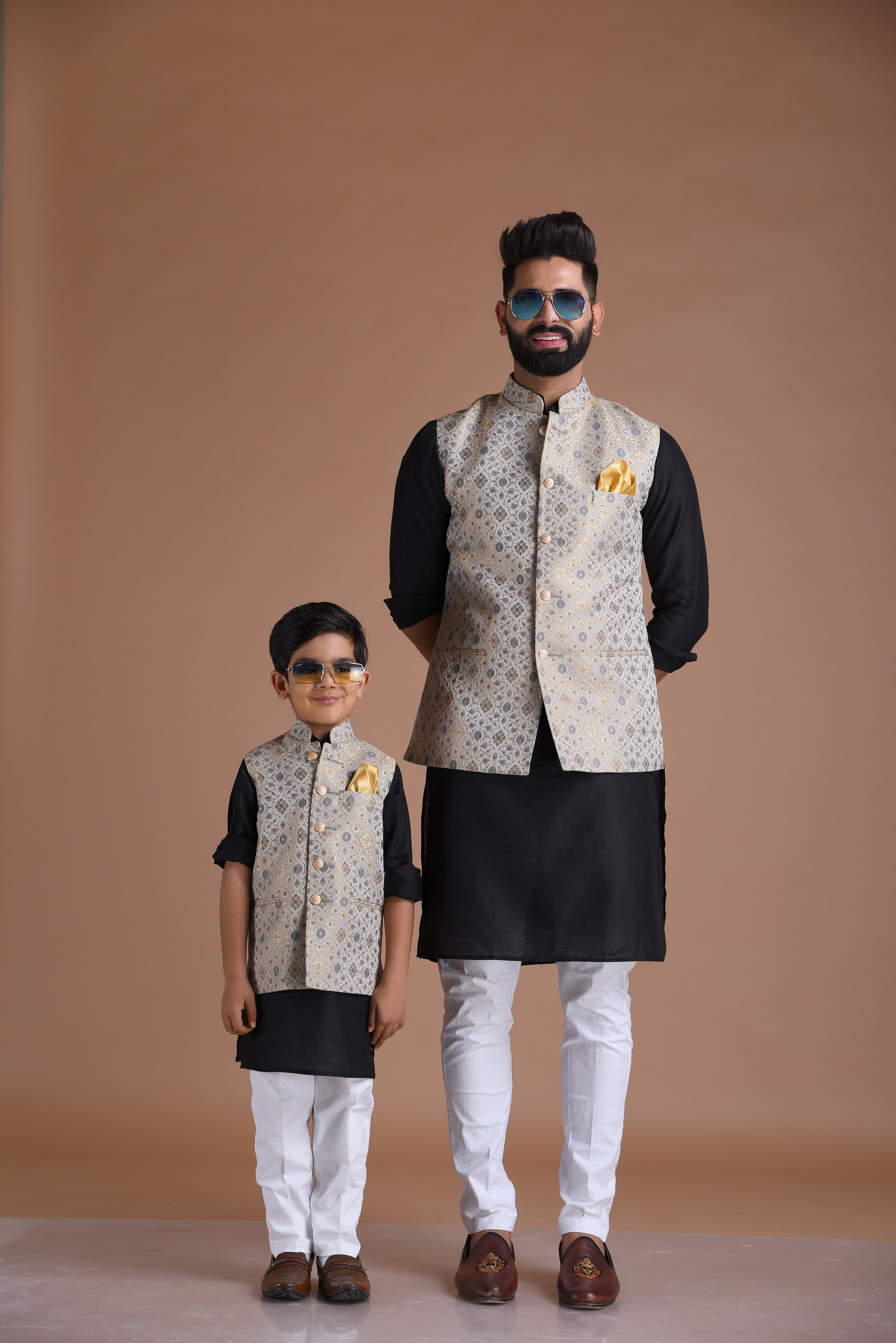 Stunning Banarasi Brocade Half Jodhpuri  Jacket with Black Silk Kurta Pajama Set | Greyish-Blue| Available in Father Son Combo | Comfortable wear for kids