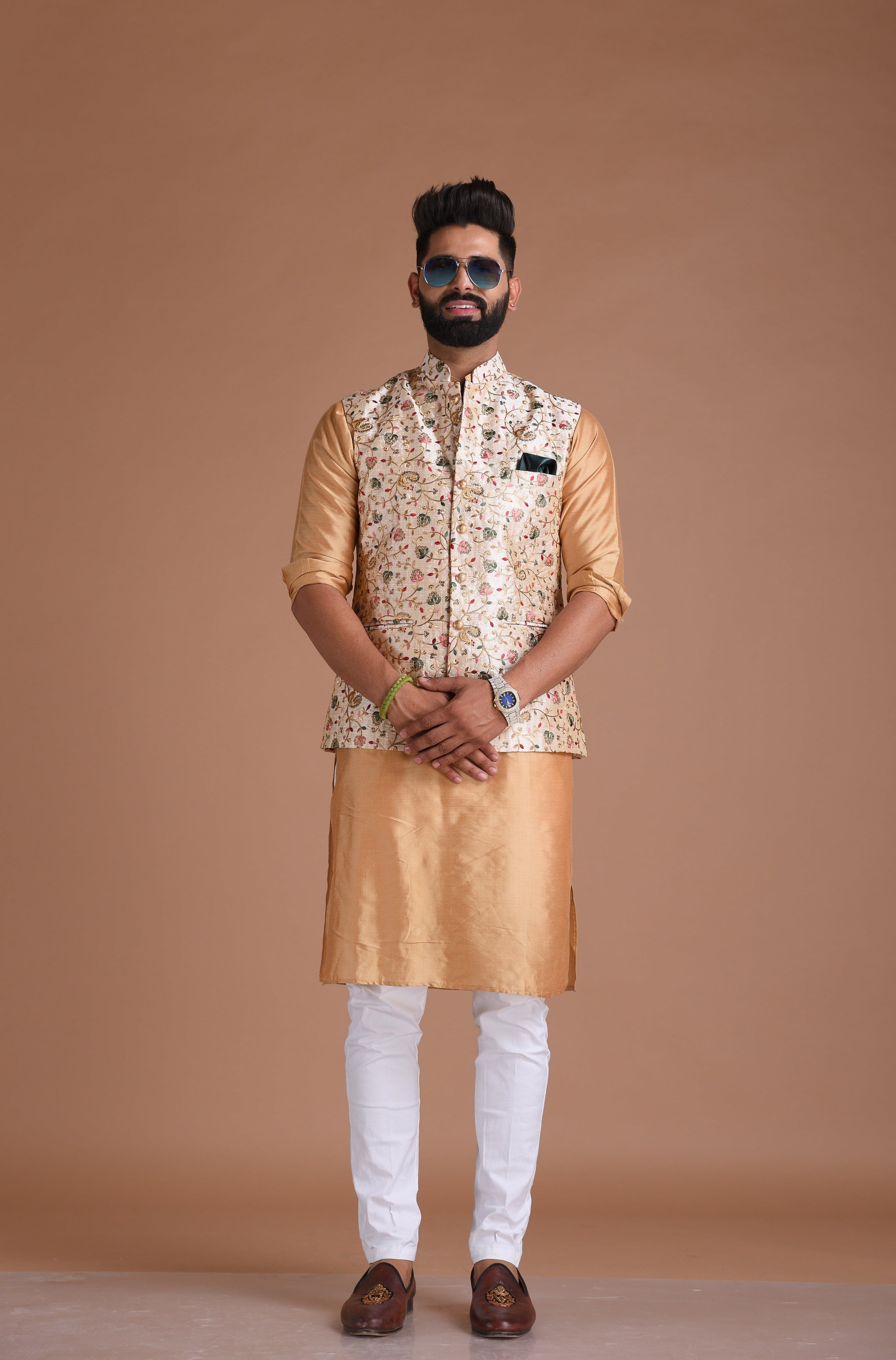 Alluring Jaipuri Style Floral Embroidered Nehru Jacket with Silk Kurta Pajama Set | Best for Day Functions | Free Personalization