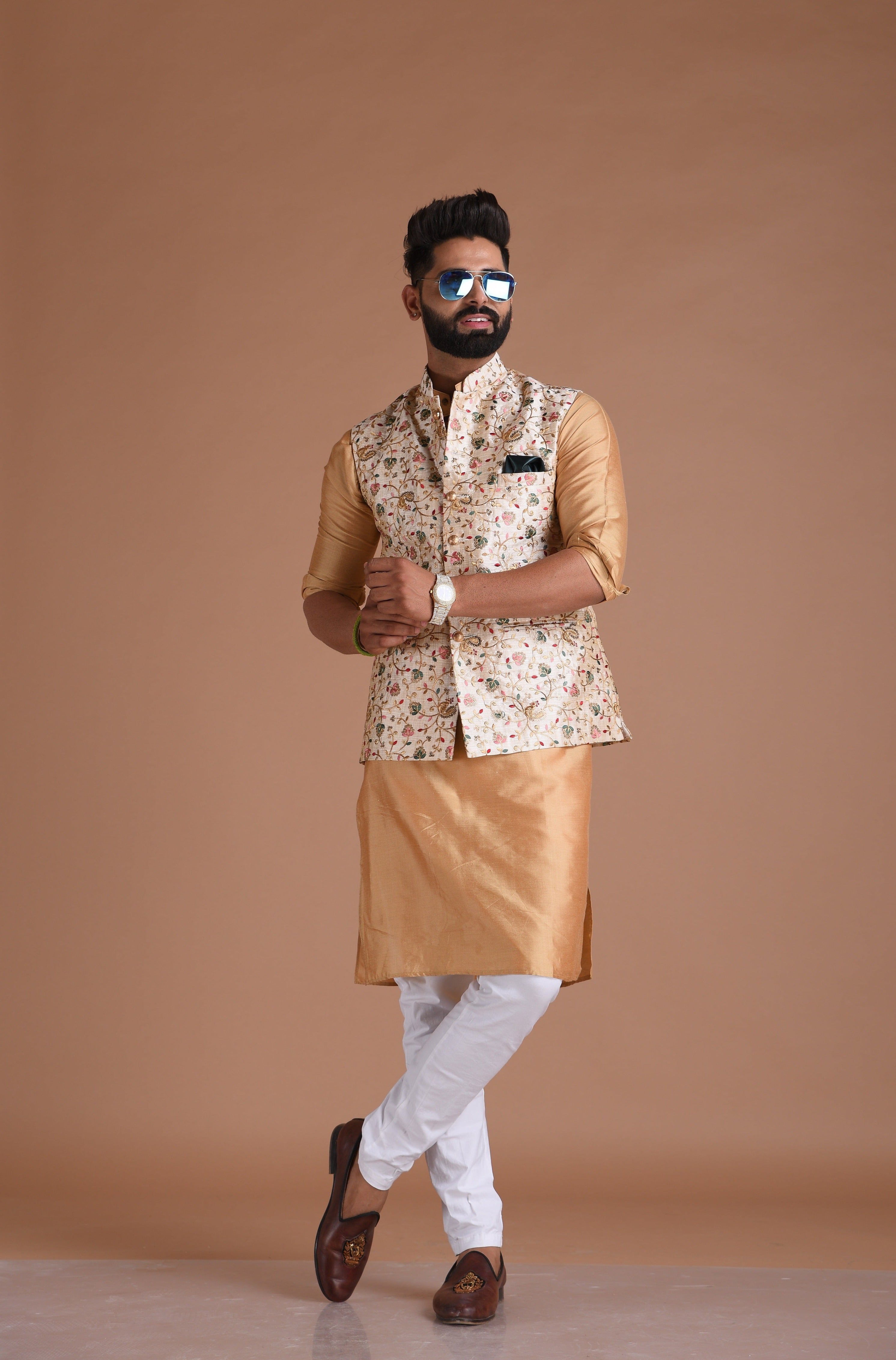 Alluring Jaipuri Style Floral Embroidered Nehru Jacket with Silk Kurta Pajama Set | Best for Day Functions | Free Personalization