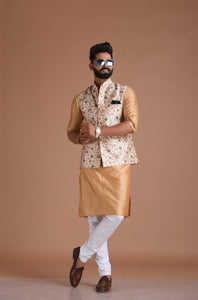 Alluring Jaipuri Style Floral Embroidered Nehru Jacket with Silk Kurta Pajama Set | Best for Day Functions | Free Personalization