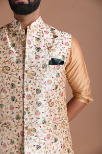 Alluring Jaipuri Style Floral Embroidered Nehru Jacket with Silk Kurta Pajama Set | Best for Day Functions | Free Personalization