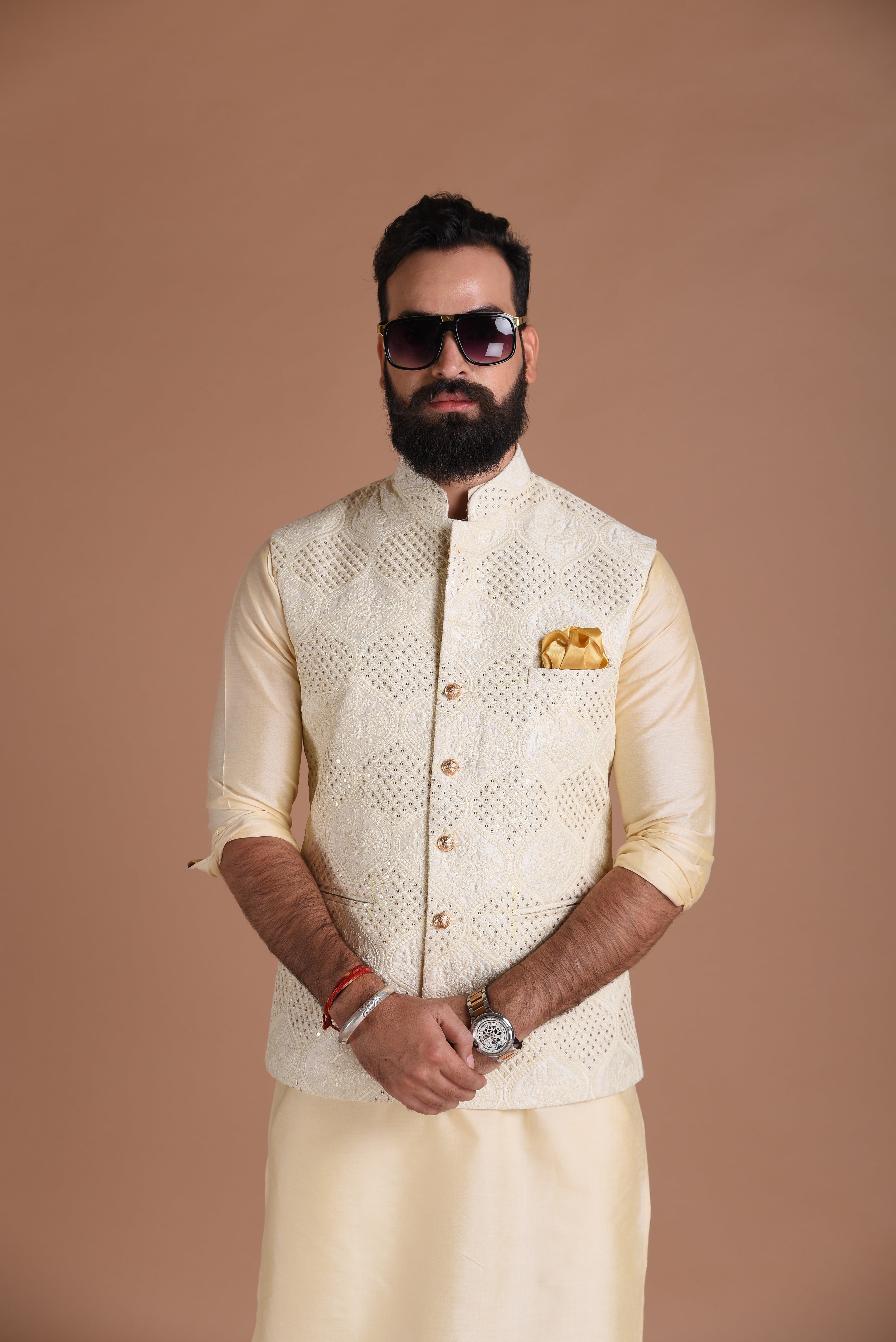 Alluring Lucknowi Chikankaari Embroidered Off-White Nehru Jacket with Silk Kurta Pajama | Groom Wear for Pre & Post Wedding Functions