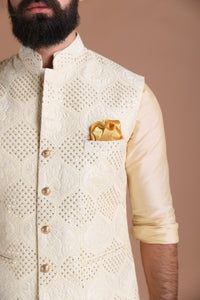 Alluring Lucknowi Chikankaari Embroidered Off-White Nehru Jacket with Silk Kurta Pajama | Groom Wear for Pre & Post Wedding Functions