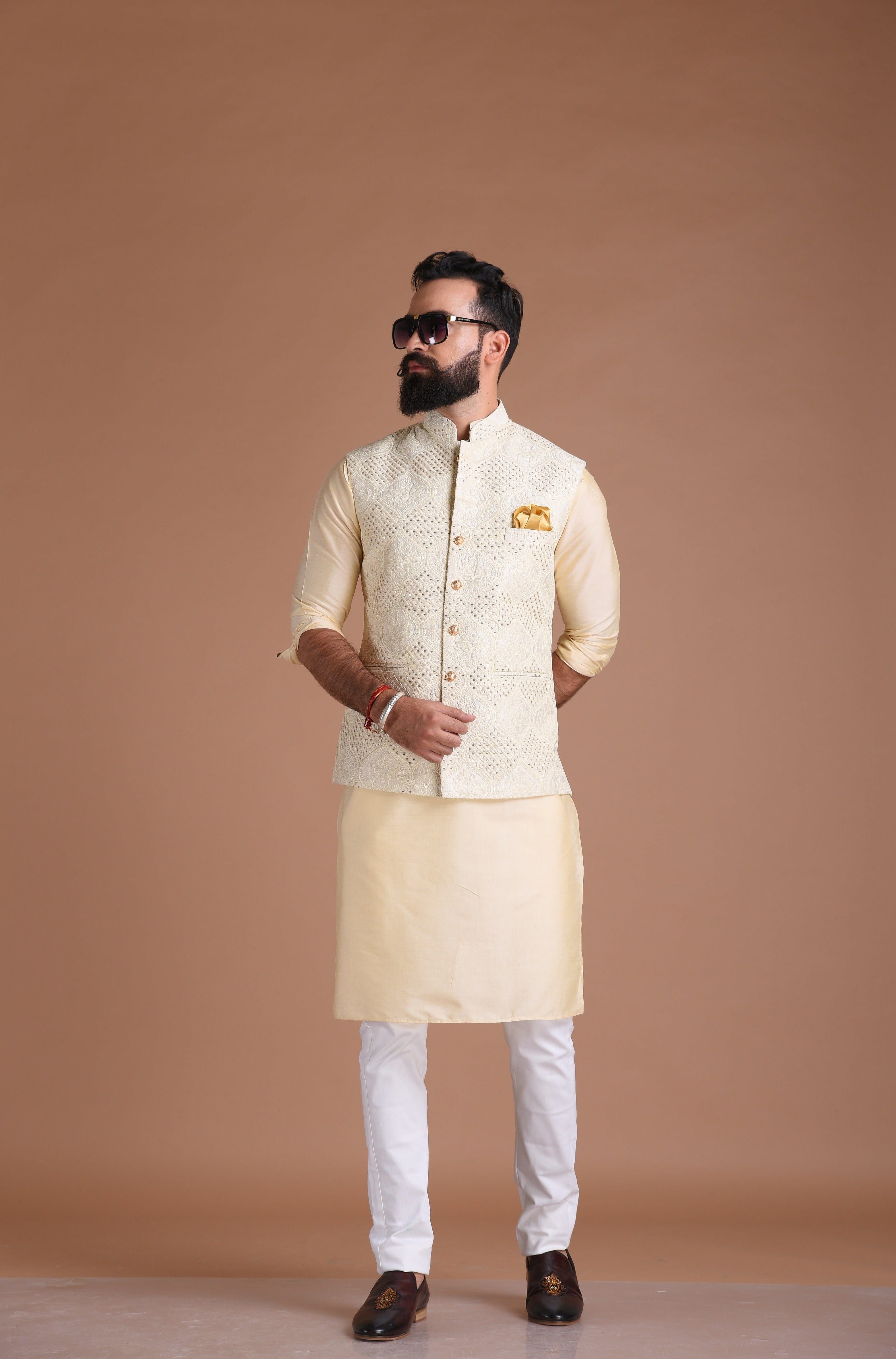 Alluring Lucknowi Chikankaari Embroidered Off-White Nehru Jacket with Silk Kurta Pajama | Groom Wear for Pre & Post Wedding Functions