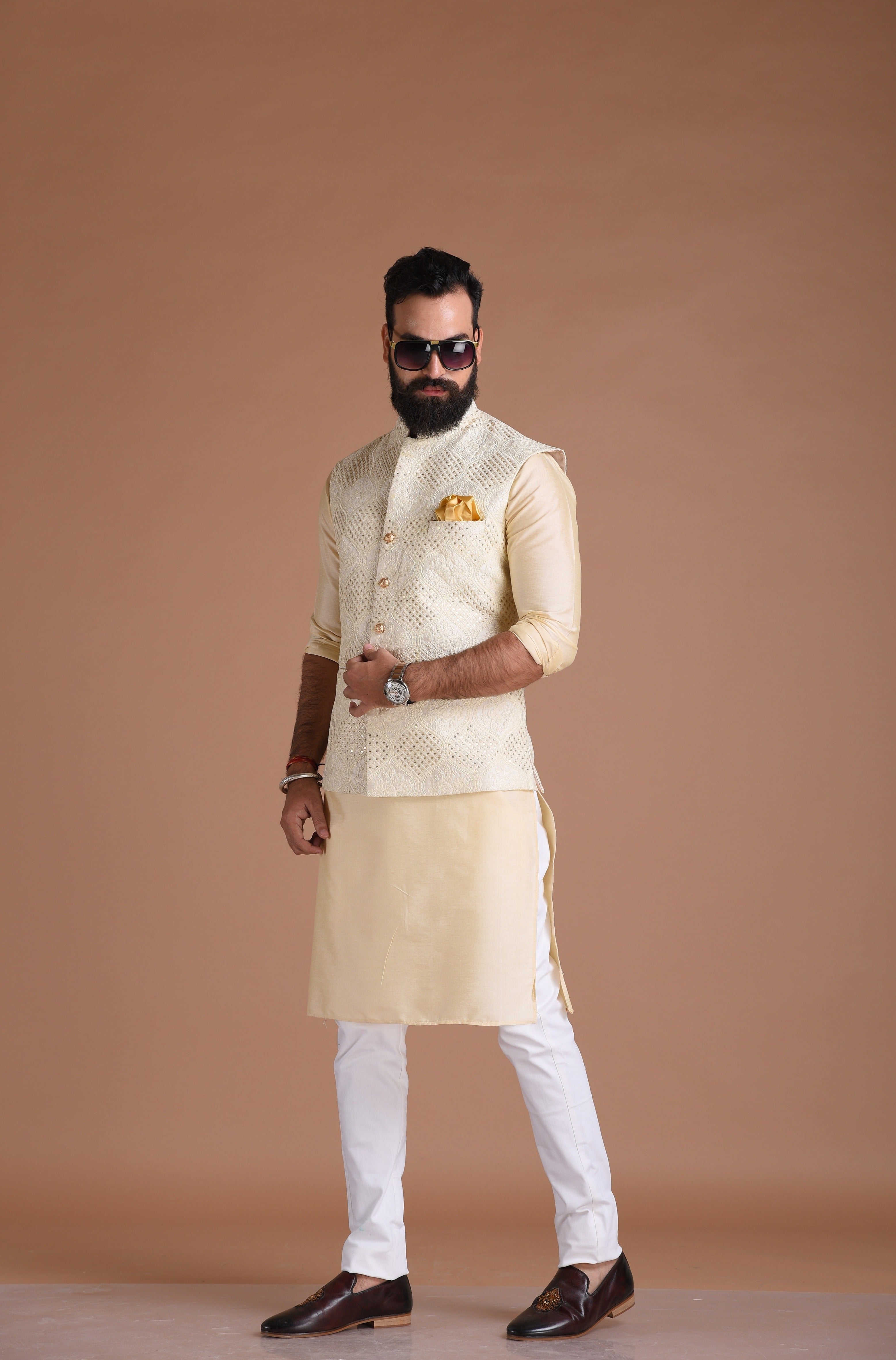 Alluring Lucknowi Chikankaari Embroidered Off-White Nehru Jacket with Silk Kurta Pajama | Groom Wear for Pre & Post Wedding Functions