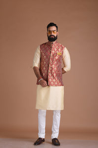Royal Floral Pattern Banarasi Brocade Half Jodhpuri Jacket with Silk Kurta Pajma Set |Red-Golden |Best for Cocktails party | Free Personalisation | Wedding Festivals