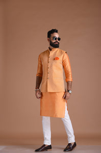 Aesthetic Orange Booti Pattern Brocade Half Jodhpuri Jacket with Silk Kurta Pajma Set| Perfect For Haldi Functions , Cocktails parties | Wedding Function
