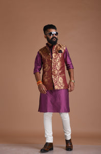 Floral Pattern Purple Golden Designer Half Jodhpuri Jacket With Silk Kurta Pajma Set For Special Occasions | Free Personalisation Handmade