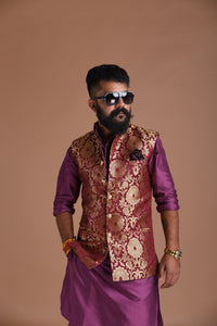 Floral Pattern Purple Golden Designer Half Jodhpuri Jacket With Silk Kurta Pajma Set For Special Occasions | Free Personalisation Handmade