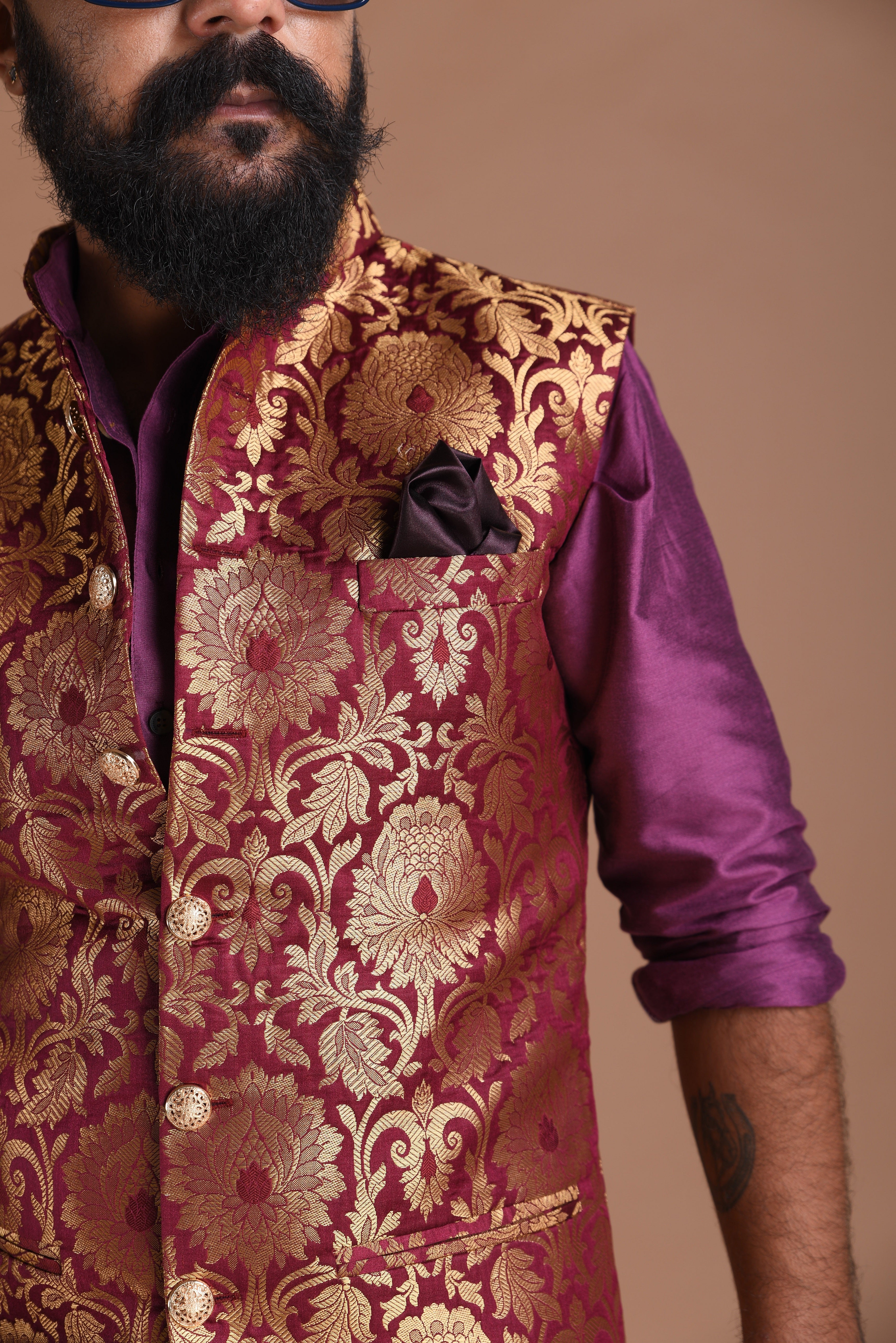 Floral Pattern Purple Golden Designer Half Jodhpuri Jacket With Silk Kurta Pajma Set For Special Occasions | Free Personalisation Handmade