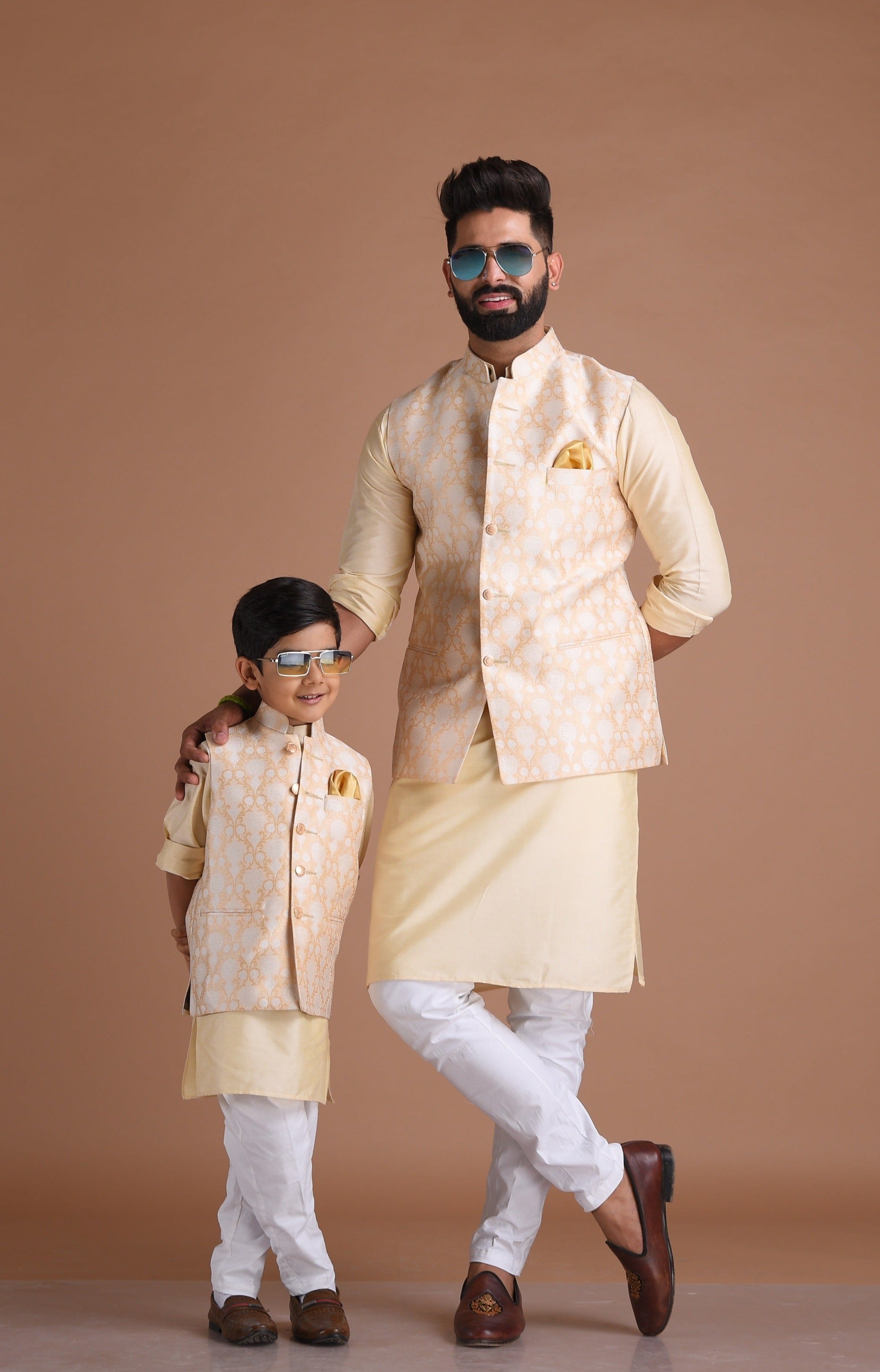 Alluring Cream-Golden Banarasi Silk Half Jodhpuri Jacket with Silk Kurta Pajama Set | Available in Father Son Combo | Best for Occasions