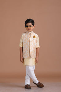 Alluring Cream-Golden Banarasi Silk Half Jodhpuri Jacket with Silk Kurta Pajama Set | Available in Father Son Combo | Best for Occasions
