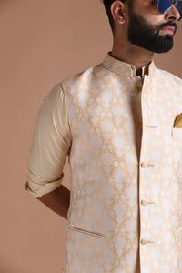 Alluring Cream-Golden Banarasi Silk Half Jodhpuri Jacket with Silk Kurta Pajama Set | Available in Father Son Combo | Best for Occasions