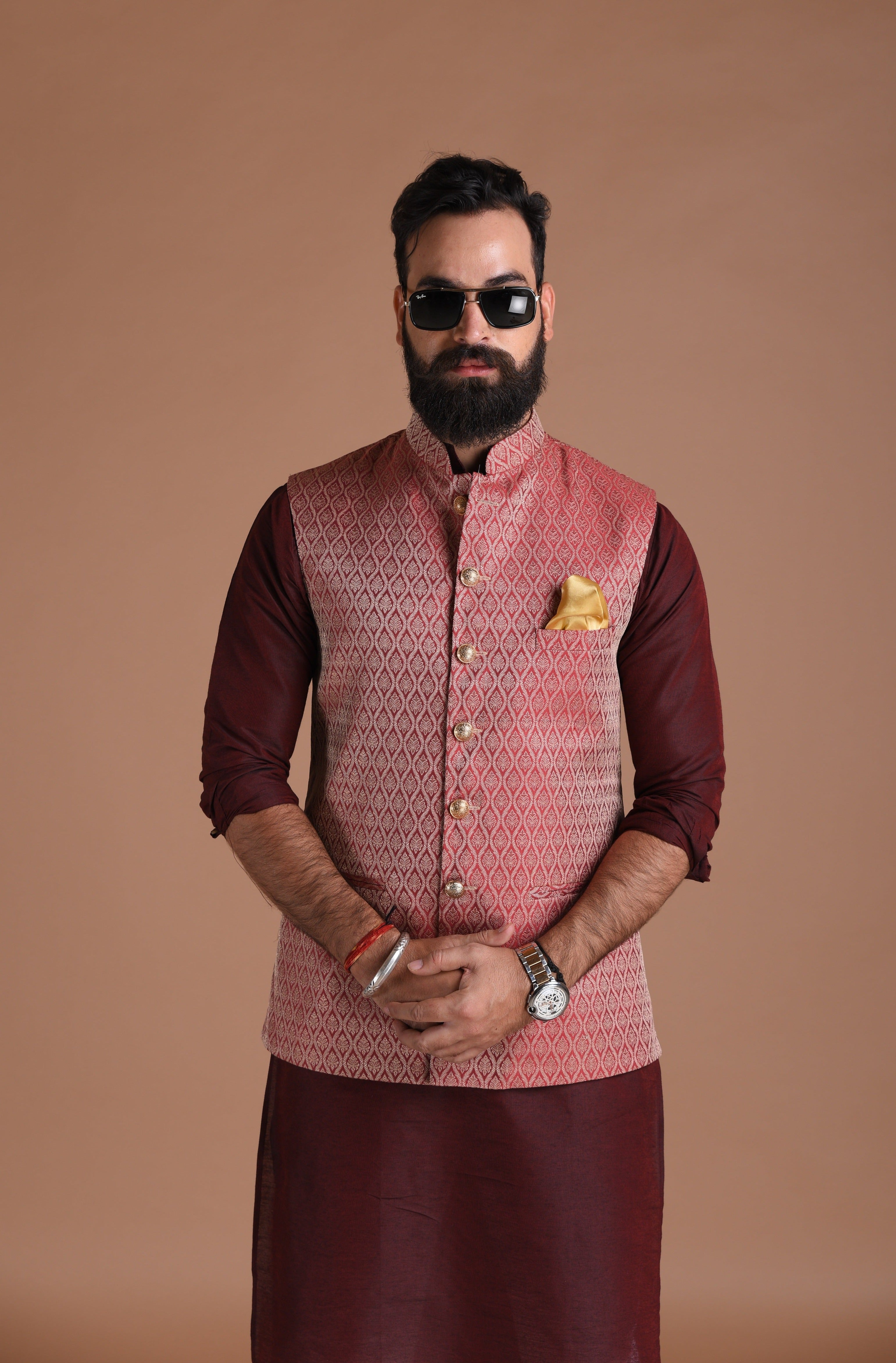 Royal Dark Red Banarasi Brocade  Half Jodhpuri Jacket with Kurta Pajama Set Best for Cocktails party | Free Personalisation | Wedding Festivals
