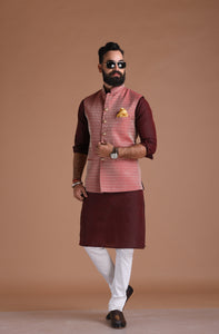 Royal Dark Red Banarasi Brocade  Half Jodhpuri Jacket with Kurta Pajama Set Best for Cocktails party | Free Personalisation | Wedding Festivals