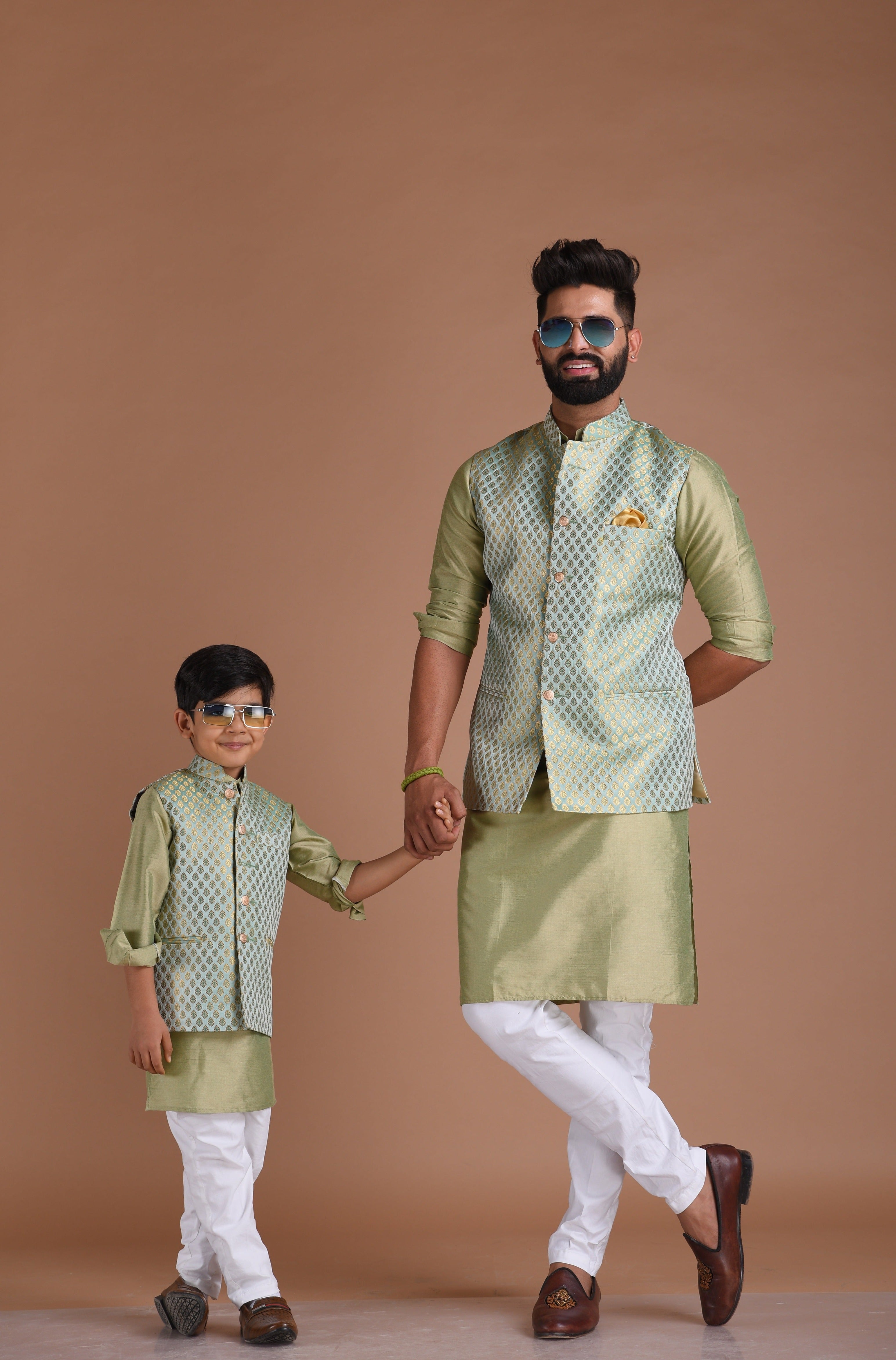 Bespoke Traditional Sea Green Nehru Modi Jacket with Kurta Pajama Set| Perfect for Weddings, Available in Father Son Combo