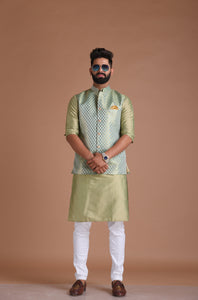 Bespoke Traditional Sea Green Nehru Modi Jacket with Kurta Pajama Set| Perfect for Weddings, Available in Father Son Combo