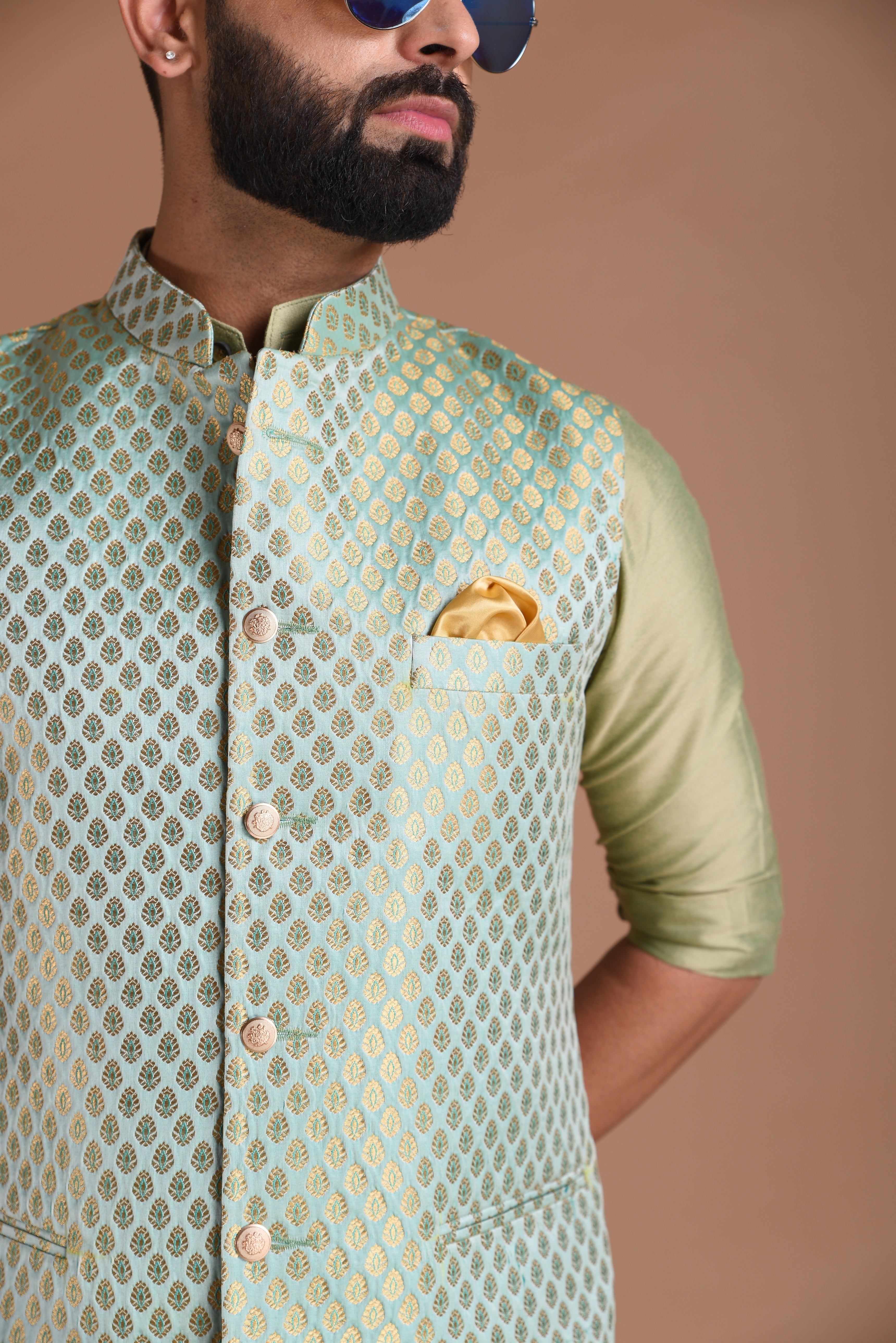 Bespoke Traditional Sea Green Nehru Modi Jacket with Kurta Pajama Set| Perfect for Weddings, Available in Father Son Combo
