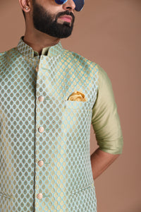 Bespoke Traditional Sea Green Nehru Modi Jacket with Kurta Pajama Set| Perfect for Weddings, Available in Father Son Combo