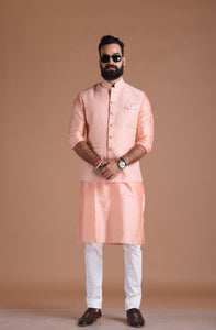 Exclusive Hand-crafted Self Designed Pink Half Jodhpuri Jacket with Kurta Pajama Set | Wedding Functions Rakshabandhan Diwali Eid Open Lawn Party