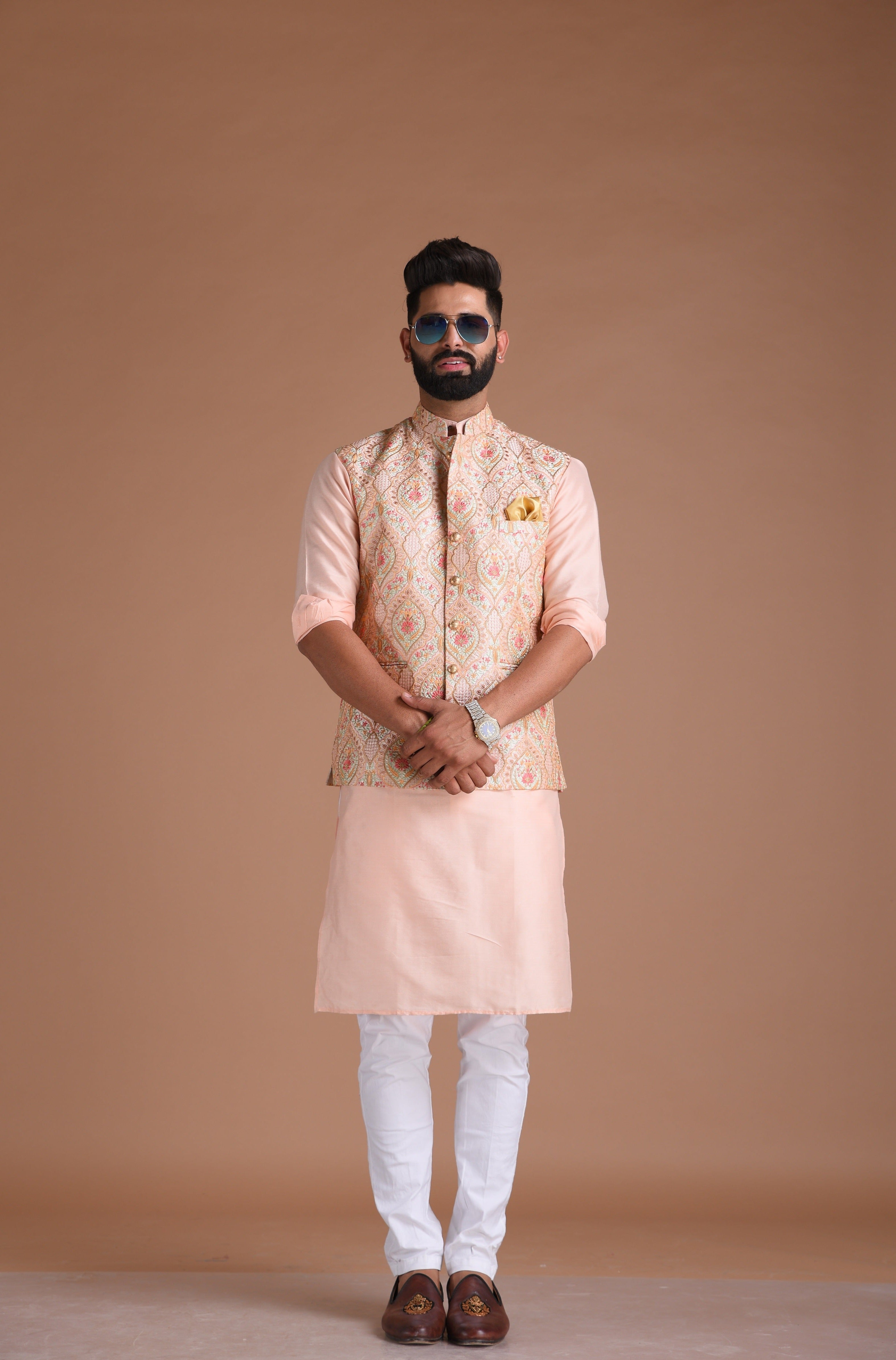 Hand-crafted Light Pink Banarsi Designer Half Jodhpuri Jacket with Silk Kurta Pajama Set | Fee Personalisation | Festivals Family Function