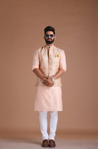 Hand-crafted Light Pink Banarsi Designer Half Jodhpuri Jacket with Silk Kurta Pajama Set | Fee Personalisation | Festivals Family Function