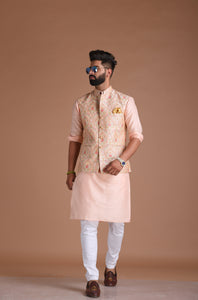 Hand-crafted Light Pink Banarsi Designer Half Jodhpuri Jacket with Silk Kurta Pajama Set | Fee Personalisation | Festivals Family Function