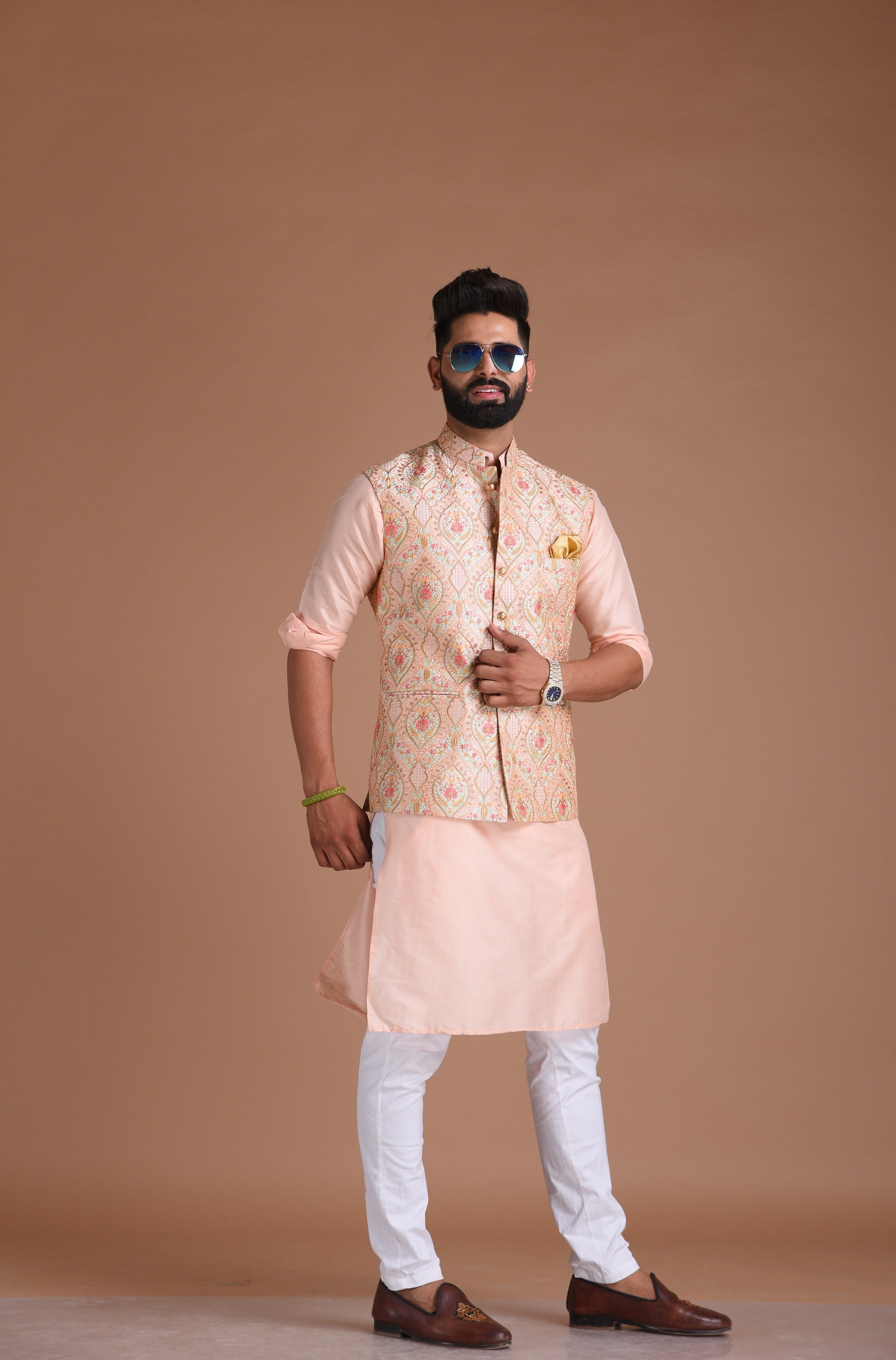 Hand-crafted Light Pink Banarsi Designer Half Jodhpuri Jacket with Silk Kurta Pajama Set | Fee Personalisation | Festivals Family Function