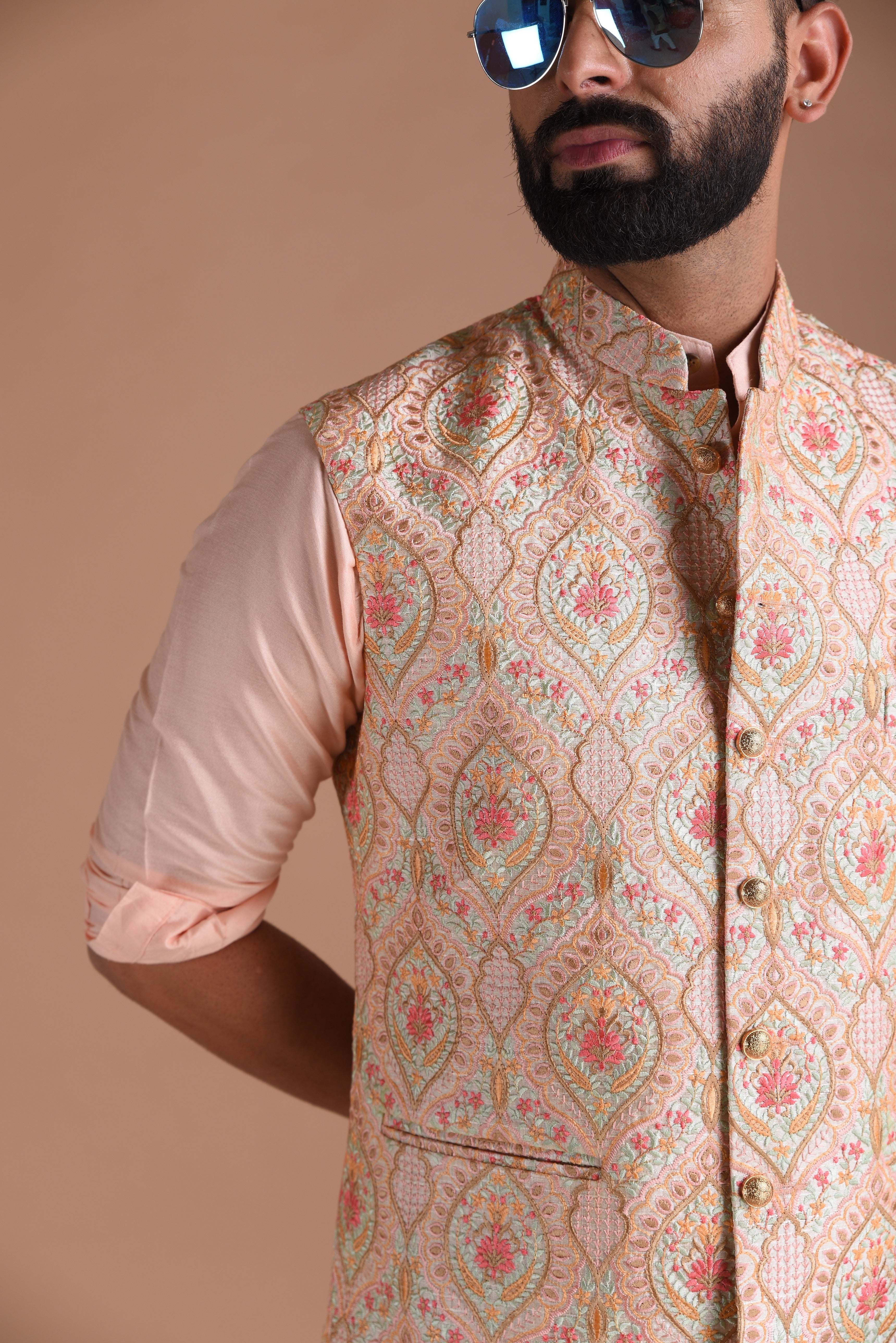 Hand-crafted Light Pink Banarsi Designer Half Jodhpuri Jacket with Silk Kurta Pajama Set | Fee Personalisation | Festivals Family Function