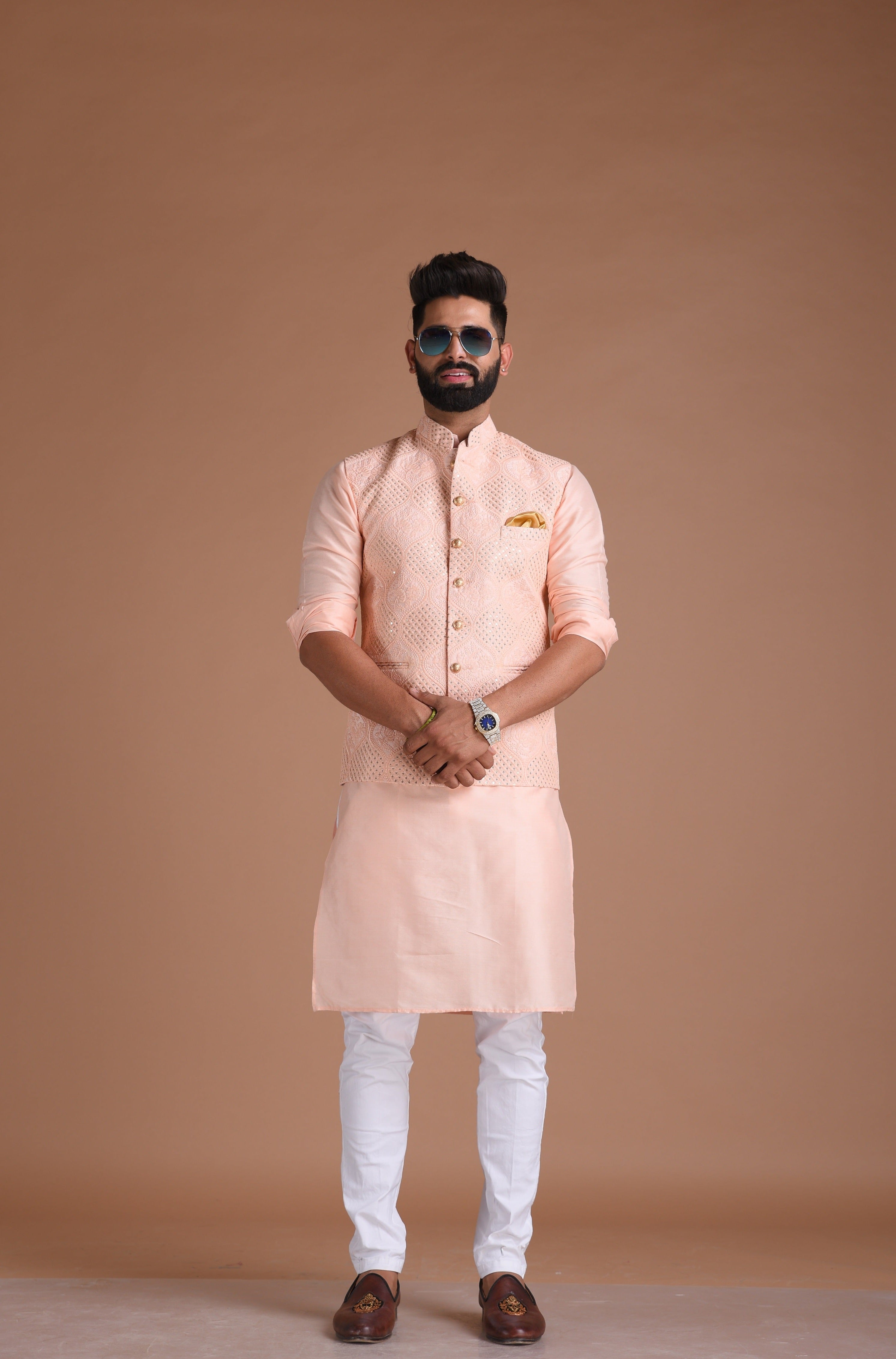 Elegant Lucknowi  Chikankari Embroidered Royal-Pink Nehru Jacket with Silk Kurta Pajama | Groom Wear for Pre & Post Wedding Functions