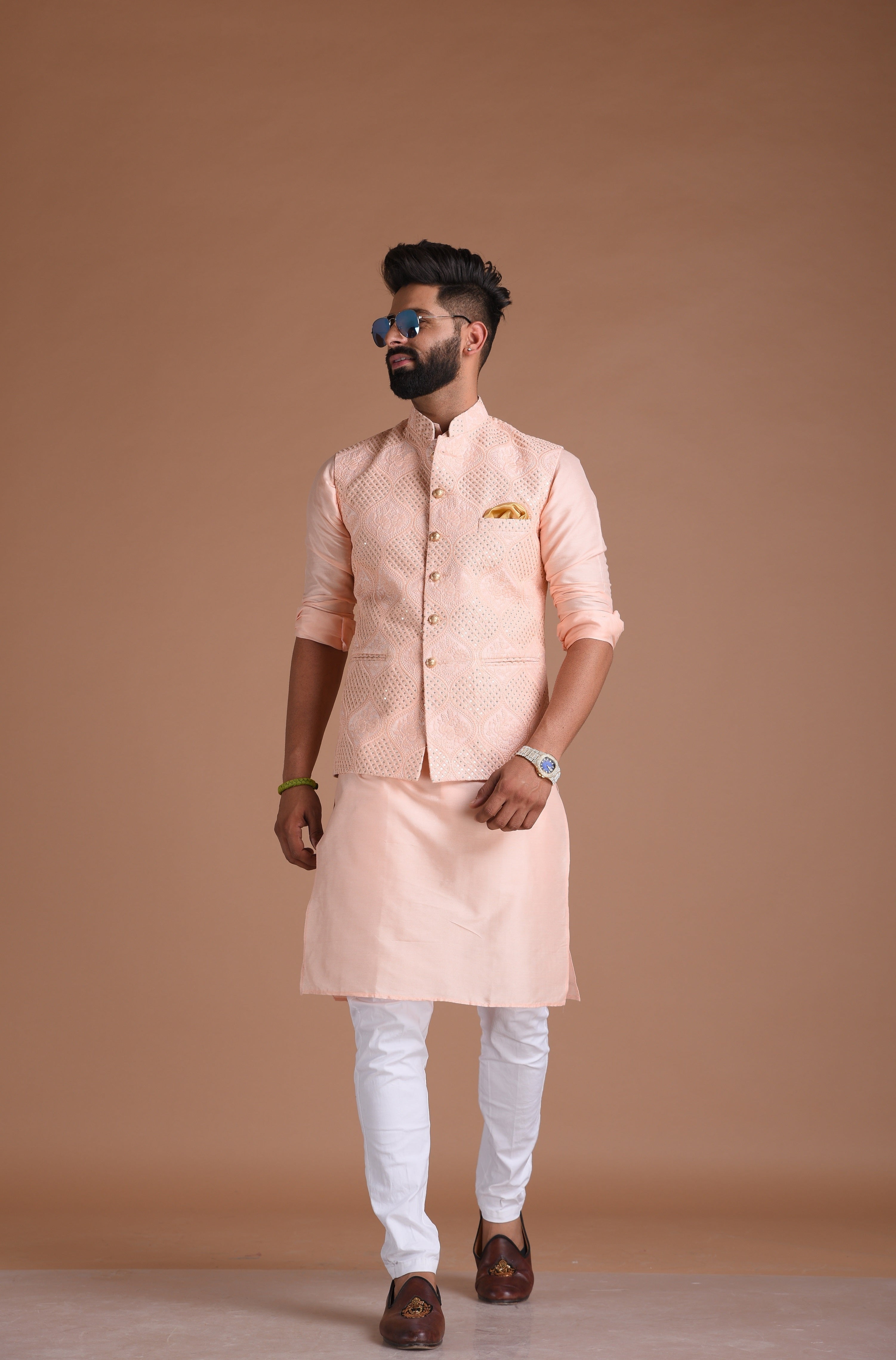 Elegant Lucknowi  Chikankari Embroidered Royal-Pink Nehru Jacket with Silk Kurta Pajama | Groom Wear for Pre & Post Wedding Functions