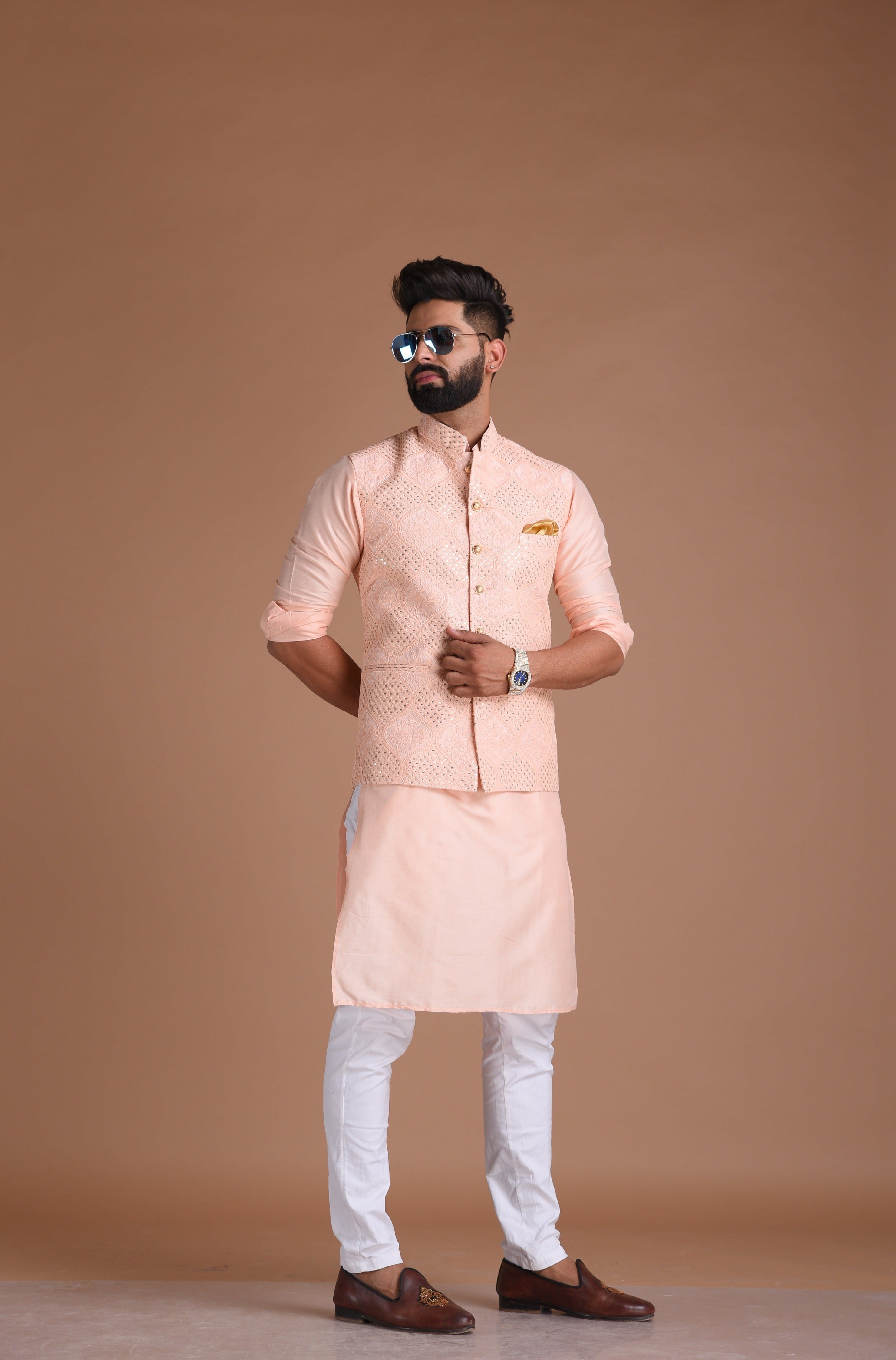 Elegant Lucknowi  Chikankari Embroidered Royal-Pink Nehru Jacket with Silk Kurta Pajama | Groom Wear for Pre & Post Wedding Functions