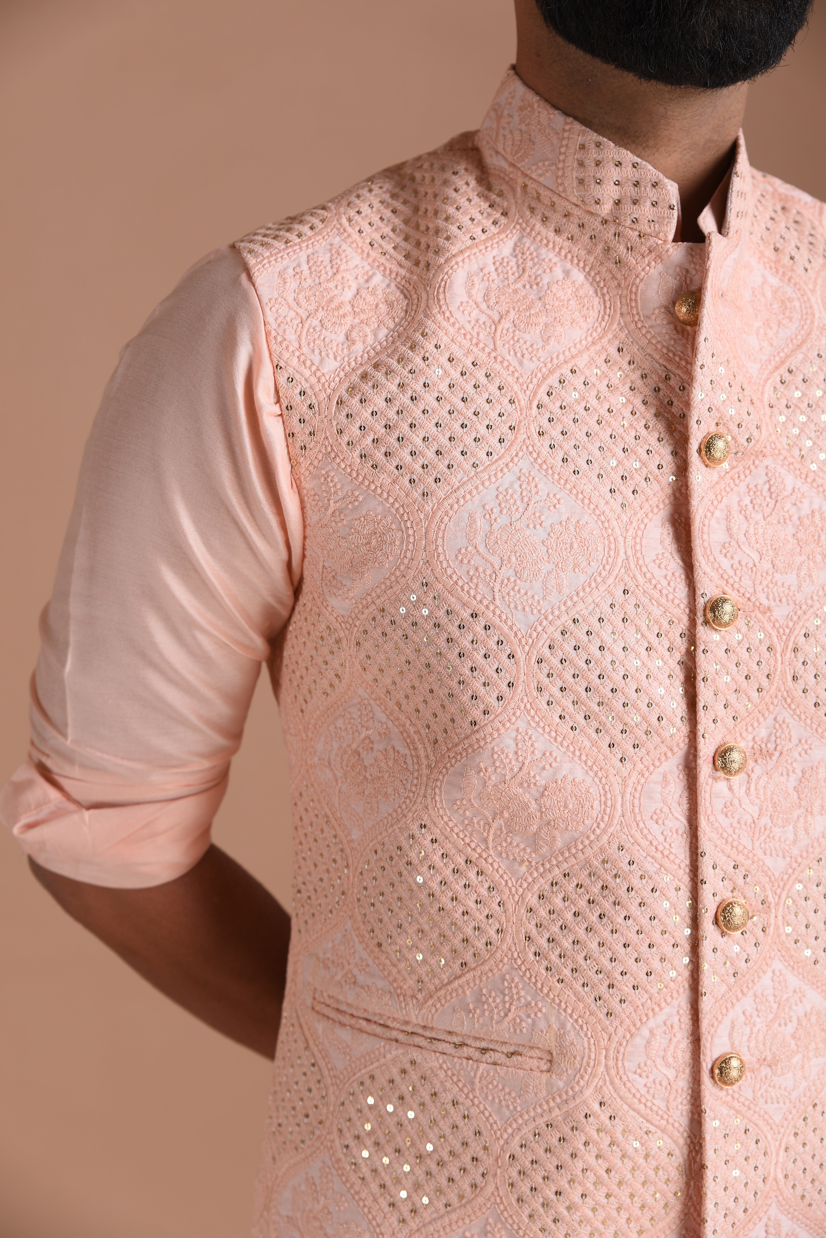 Elegant Lucknowi  Chikankari Embroidered Royal-Pink Nehru Jacket with Silk Kurta Pajama | Groom Wear for Pre & Post Wedding Functions