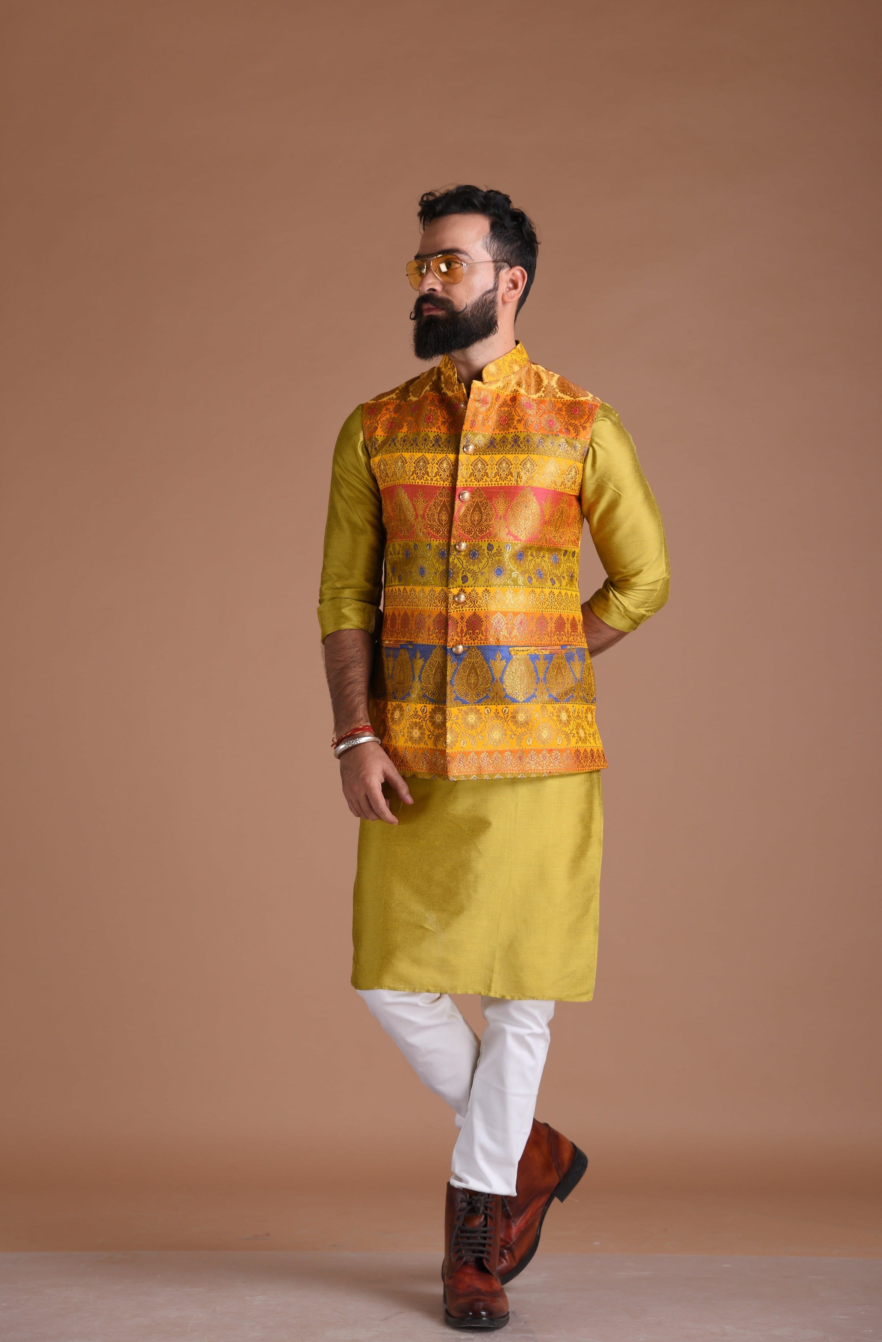 Vibrant Yellow Color Designer Half Jodhpuri Jacket With Silk Kurta