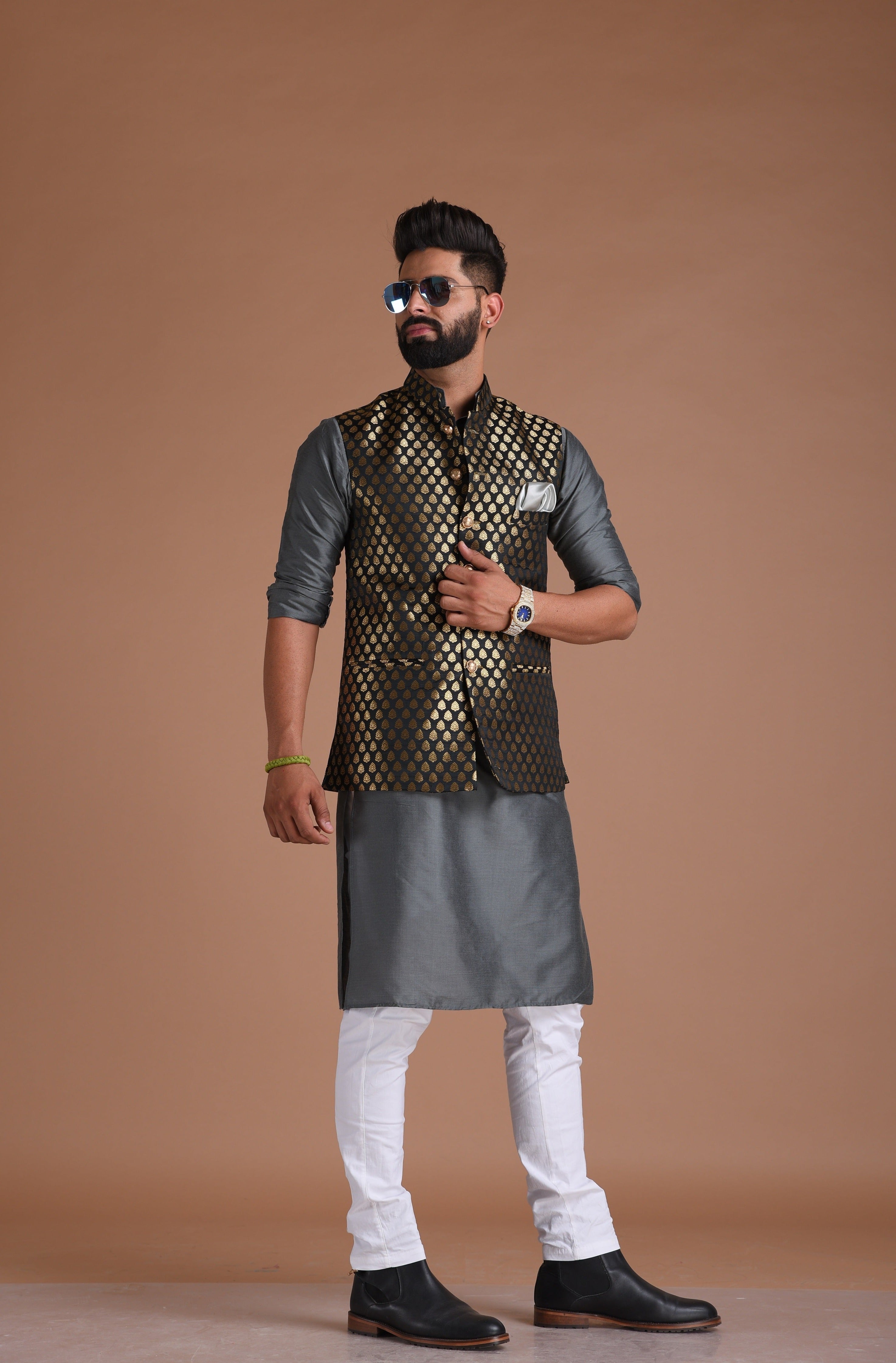 Alluring Black Botti Pattern Half Jodhpuri Jacket with Silk Kurta pajama | Best For Wedding Functions | Cocktail Parties | Traditional Functions