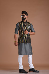 Alluring Black Botti Pattern Half Jodhpuri Jacket with Silk Kurta pajama | Best For Wedding Functions | Cocktail Parties | Traditional Functions