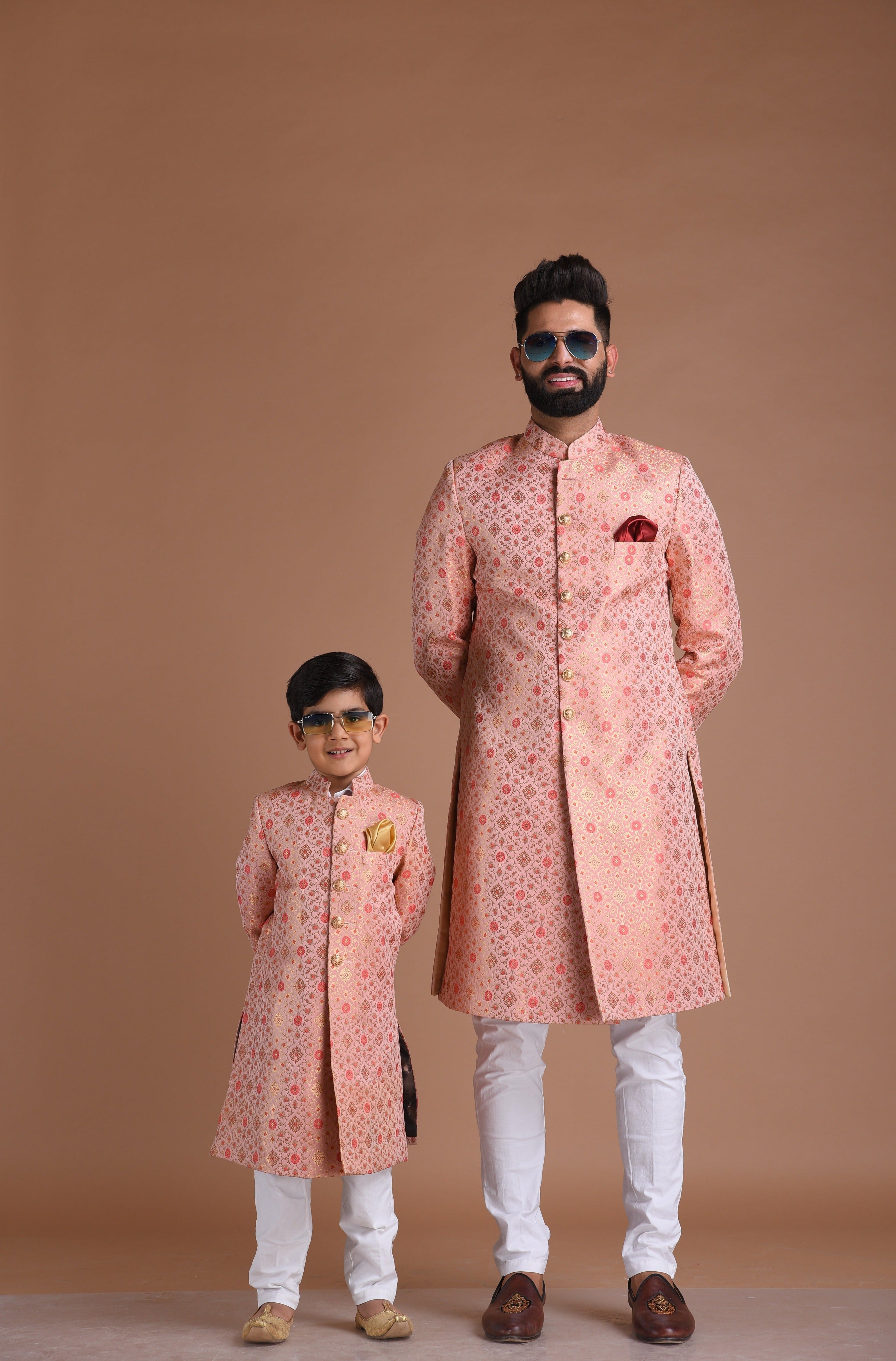 Aesthetic Pink KimKhab Banarasi Brocade Sherwani /Achkan for Men | Father Son Combo | Formal Kurta Style wear | Perfect for GroomsHandmade KimKhab Sherwani Achkan for Men | Father Son Combo | Pink Color | Formal Kurta Style wear | Perfect for Grooms