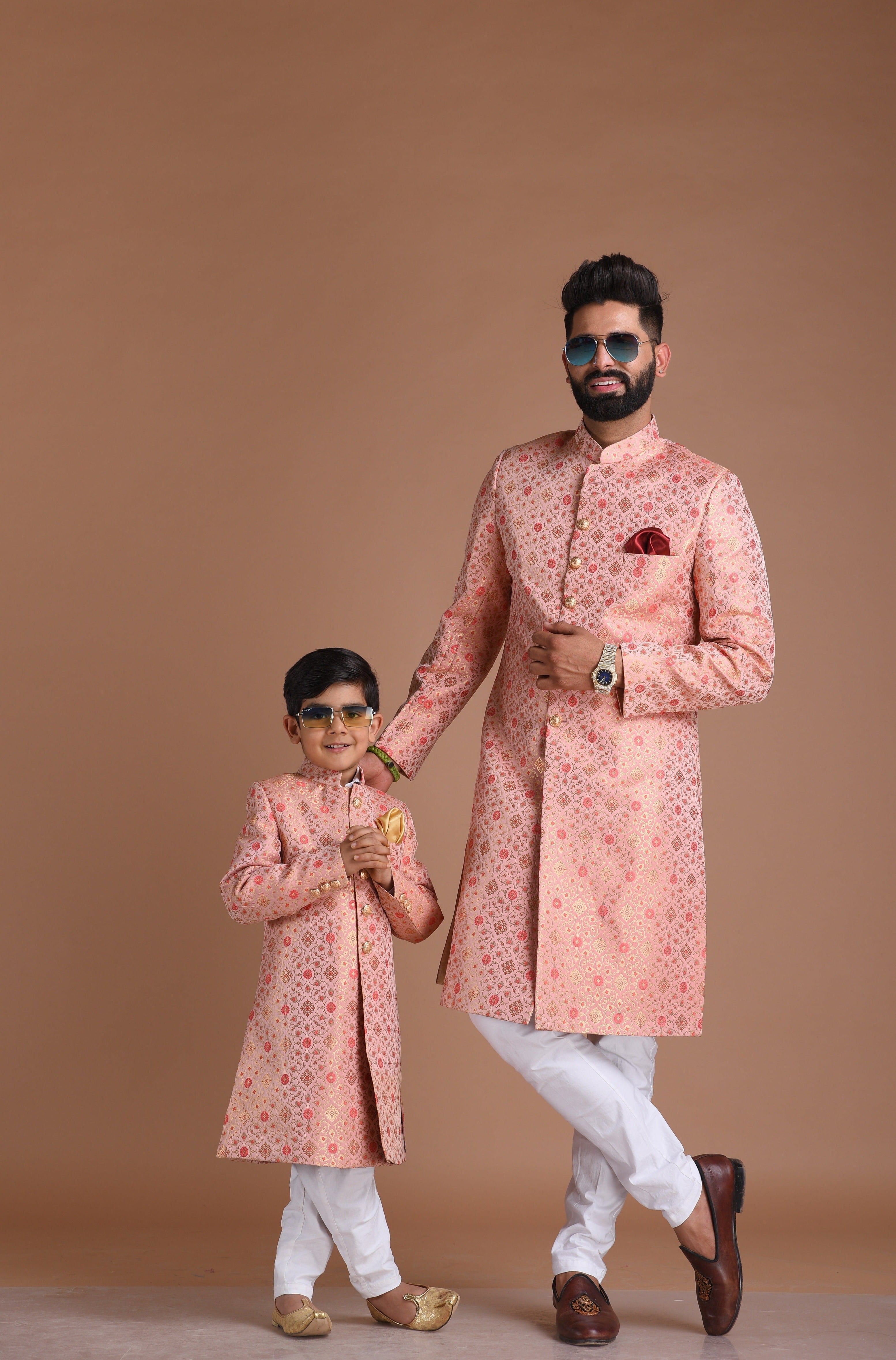 Aesthetic Pink KimKhab Banarasi Brocade Sherwani /Achkan for Men | Father Son Combo | Formal Kurta Style wear | Perfect for GroomsHandmade KimKhab Sherwani Achkan for Men | Father Son Combo | Pink Color | Formal Kurta Style wear | Perfect for Grooms