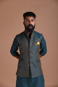 Traditional Teal Green Booti Pattern Banarasi Brocade Nehru Jacket With Silk Kurta Pajama Set | Free Personalisation Handmade | Wedding Functions