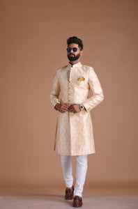 Alluring Cream-Golden Brocade Silk Sherwani/ Achkan for Men  | Formal Kurta Style wear | Perfect for Family Weddings & Grooms