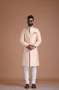 Alluring Cream-Golden Brocade Silk Sherwani/ Achkan for Men  | Formal Kurta Style wear | Perfect for Family Weddings & Grooms