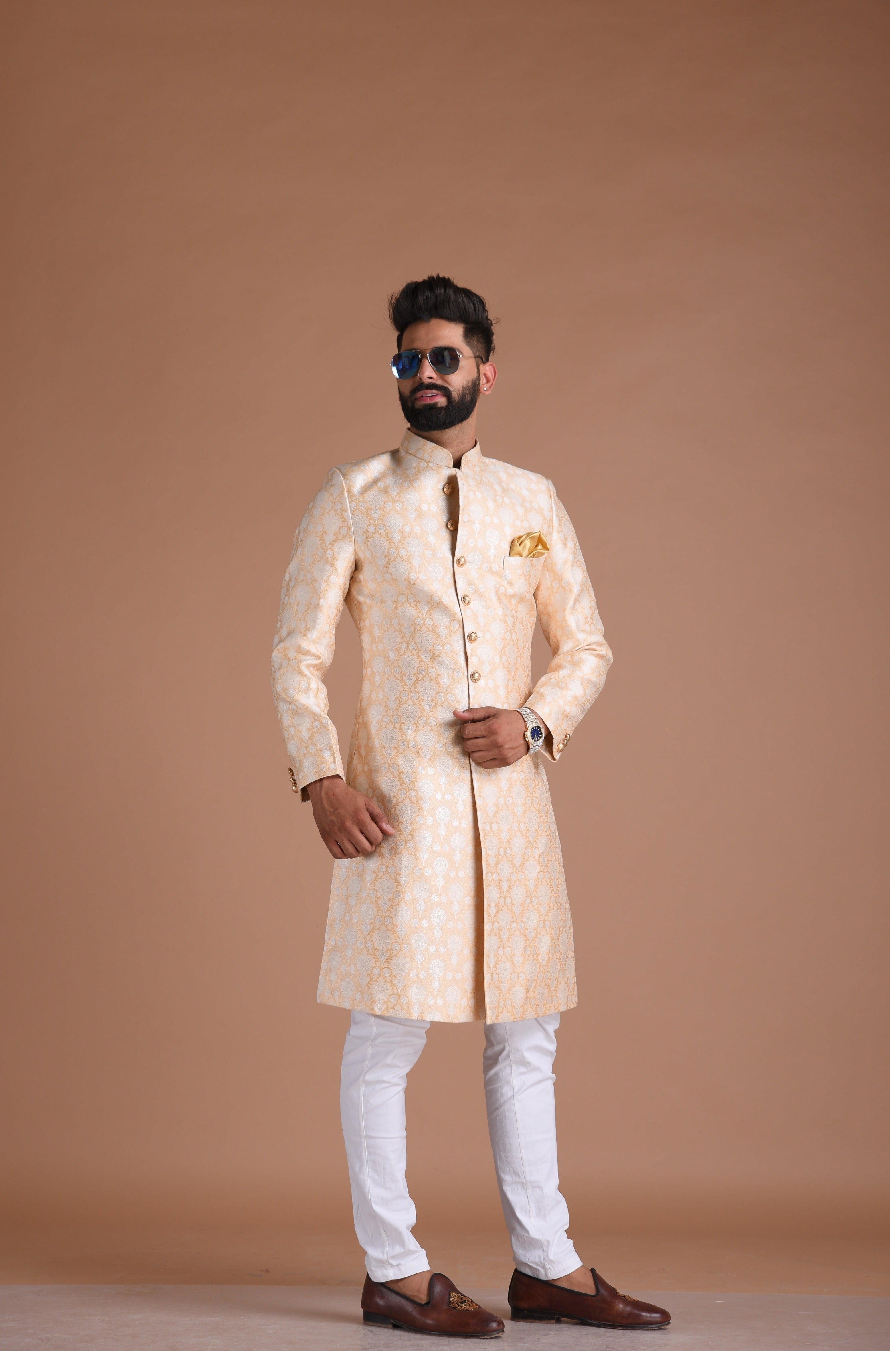 Alluring Cream-Golden Brocade Silk Sherwani/ Achkan for Men  | Formal Kurta Style wear | Perfect for Family Weddings & Grooms