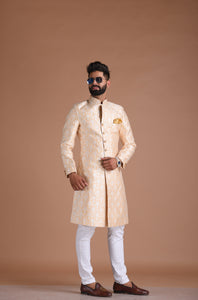 Alluring Cream-Golden Brocade Silk Sherwani/ Achkan for Men  | Formal Kurta Style wear | Perfect for Family Weddings & Grooms