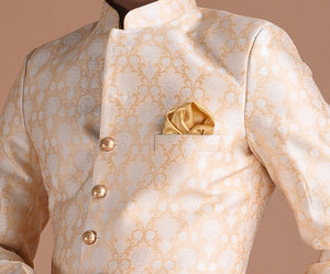 Alluring Cream-Golden Brocade Silk Sherwani/ Achkan for Men  | Formal Kurta Style wear | Perfect for Family Weddings & Grooms